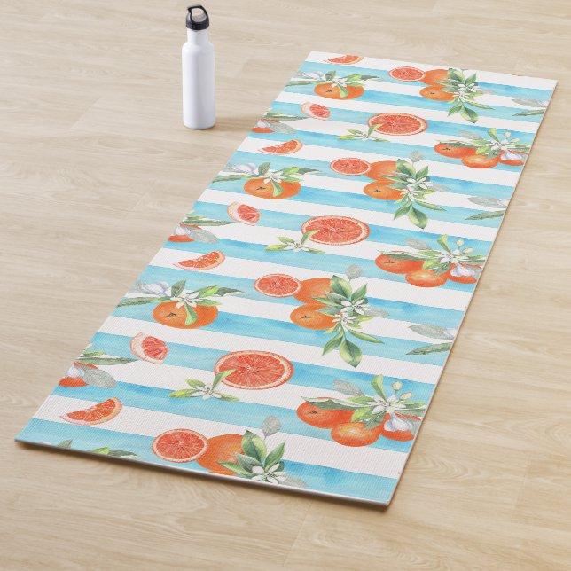 Oranges on Turquoise and White Stripes Yoga Mat (In Situ)