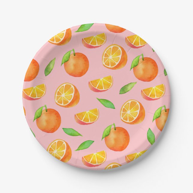 Oranges Pattern Watercolor Paper Plate (Front)