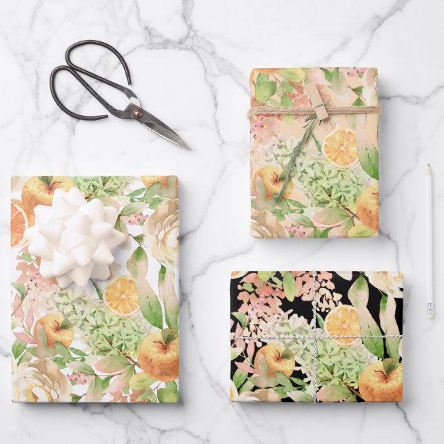 Oranges, Roses and Hydrangea Watercolor  Wrapping Paper Sheet (Front)
