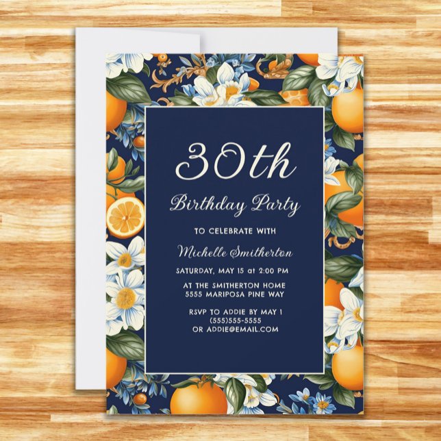 =Oranges White Flowers Navy Blue 30th Birthday Invitation (Creator Uploaded)