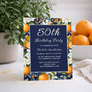 Oranges White Flowers Navy Blue 50th Birthday Invitation