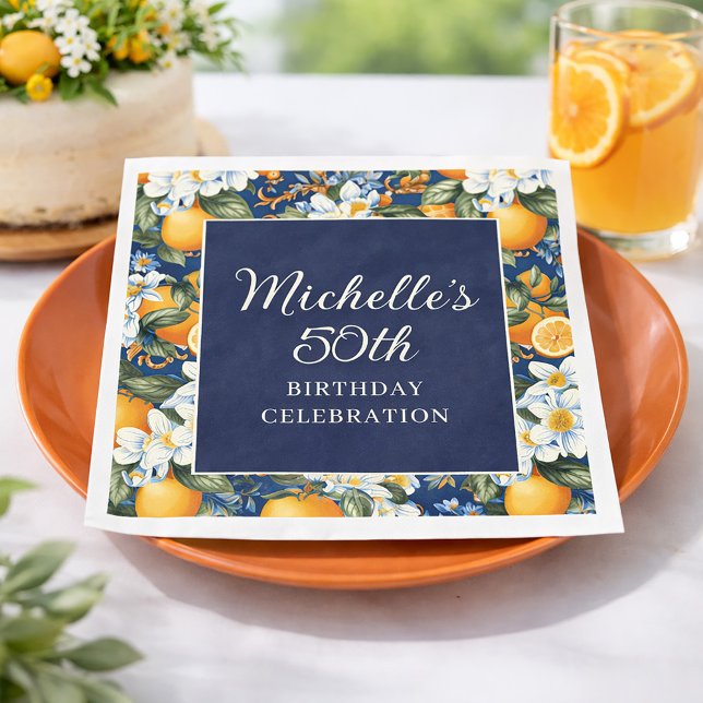 Oranges White Flowers Navy Blue Birthday Welcome Napkin (Oranges on navy blue 50th birthday party paper napkin)