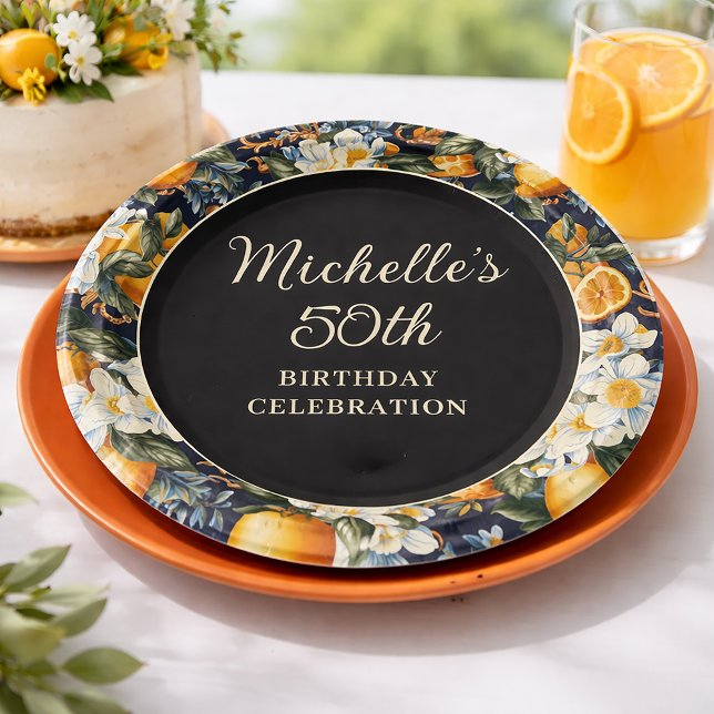 Oranges White Flowers Navy Blue Birthday Welcome Paper Plate (Navy citrus floral 50th birthday paper plate )
