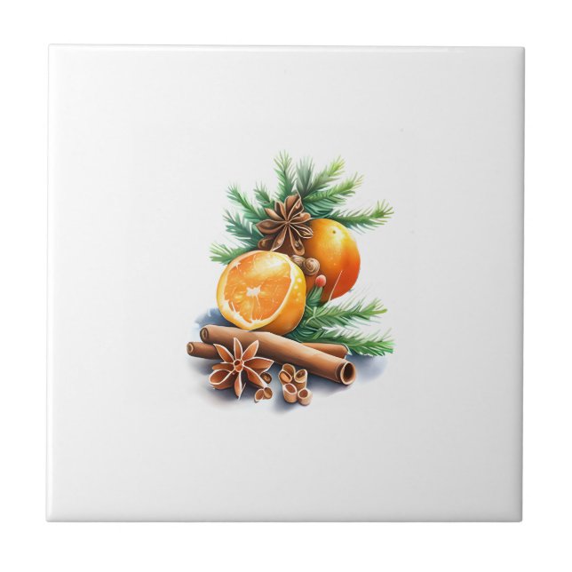 Oranges with Cloves and Cinnamon Next to Fir Leave Tile (Front)