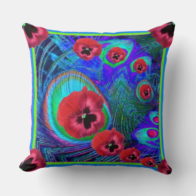 Orangey-Red Pansies Blue Pattern Art Throw Pillow (Front)