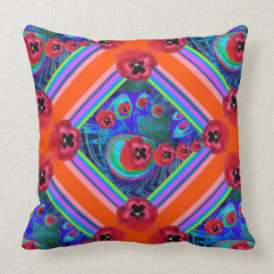 Orangey-Red Pansies Blue Pattern Art Throw Pillow