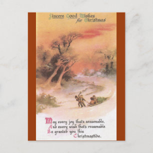 Orangey Sunset Over Snowy Countryside Christmas Holiday Postcard