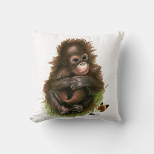 Orangutan Baby and Butterfly Throw Pillow