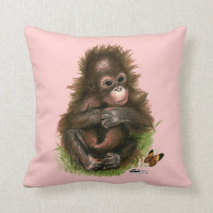 Orangutan Baby and Butterfly Throw Pillow