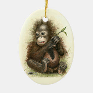 Orangutan Baby With Leaves Ceramic Ornament