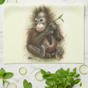 Orangutan Baby With Leaves Kitchen Towel