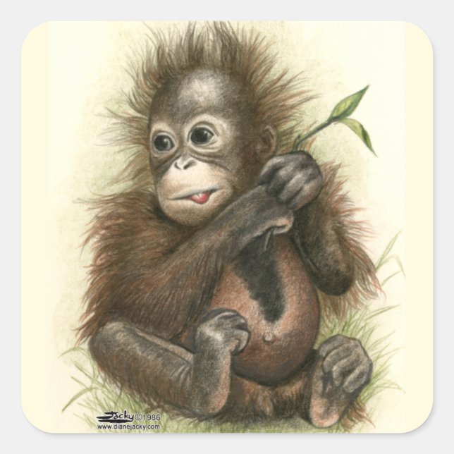Orangutan Baby With Leaves Square Sticker (Front)