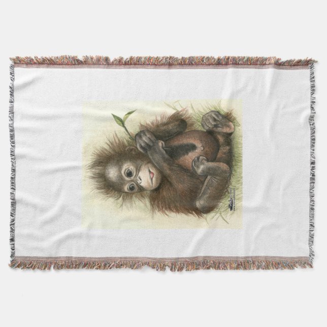 Orangutan Baby With Leaves Throw Blanket (Front)