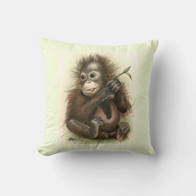 Orangutan Baby With Leaves Throw Pillow (Front)