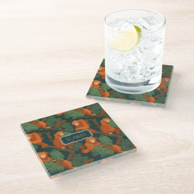 Orangutan Retro Colourful Personalized Pattern Glass Coaster (Angled)