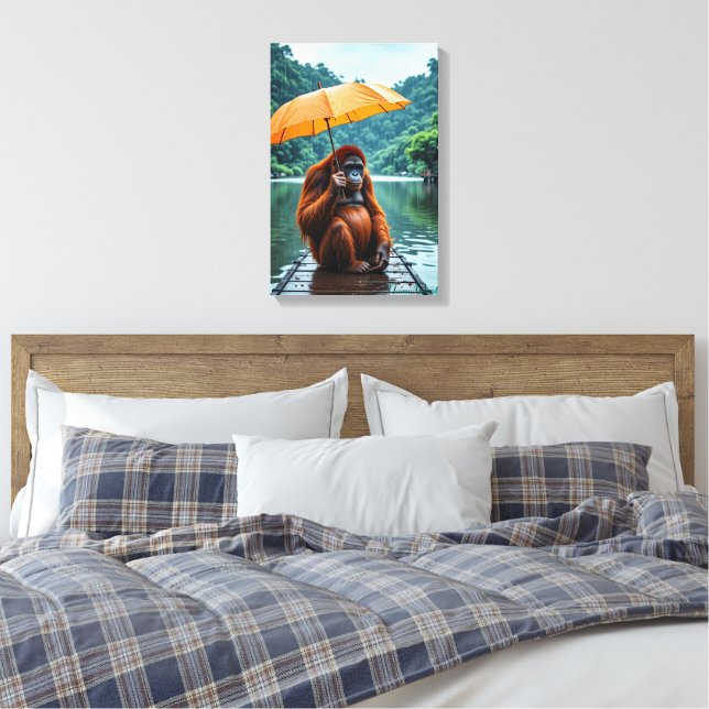 Orangutan with Orange Umbrella Canvas Print (Insitu(Bedroom))