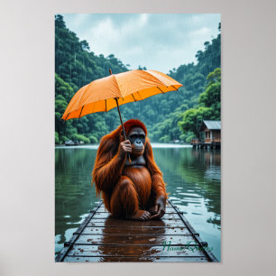 Orangutan with Orange Umbrella Poster