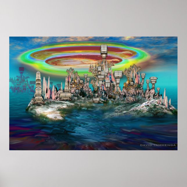 Orb over UrbanBuildingTrees Island Poster (Front)