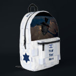 Orbital Dreidel Printed Backpack<br><div class="desc">For aspiring astronauts: A manned Chanuukah dreydel (dreydel) in orbit over the Middle East. The background image resembles spacecraft hull plates,  and there are also an Israeli flag and roundel (star).  Customize by adding your own text.

Earth image courtesy NASA.</div>