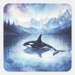 Orca Amidst the Stars and Mountains Square Sticker