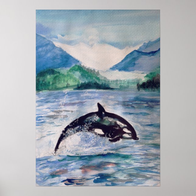 Orca, Aquarelle de baleine dessin Valeur Poster (Devant)