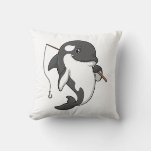 Orca as Fisher with Fishing rod Throw Pillow