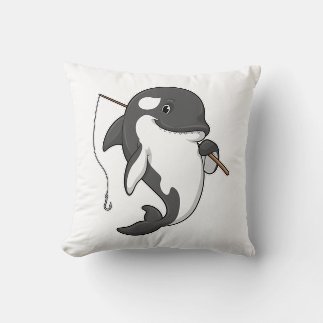 Orca as Fisher with Fishing rod Throw Pillow (Front)