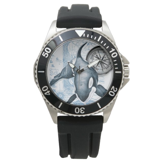 Orca Blue Compass Vintage Map Watch (Front)