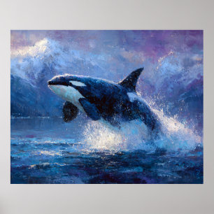 Orca Breaching Near Snowy Mountains Poster