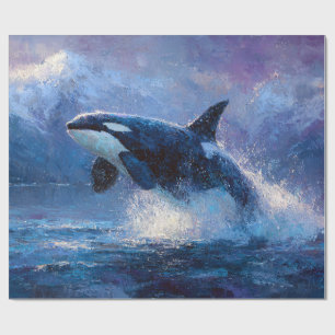 Orca Breaching Near Snowy Mountains Wrapping Paper