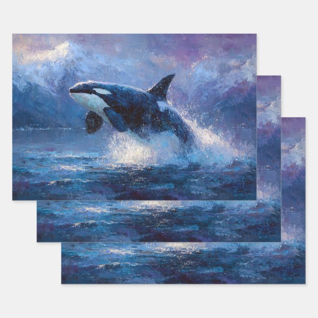 Orca Breaching Near Snowy Mountains Wrapping Paper Sheet (Set)
