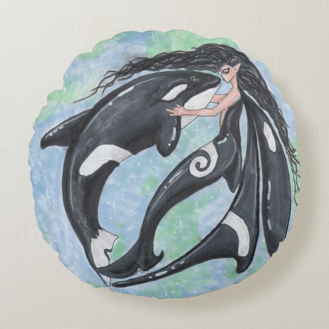 Orca Faery Pixie Killer Whale Yin Yang Round Pillow (Front)