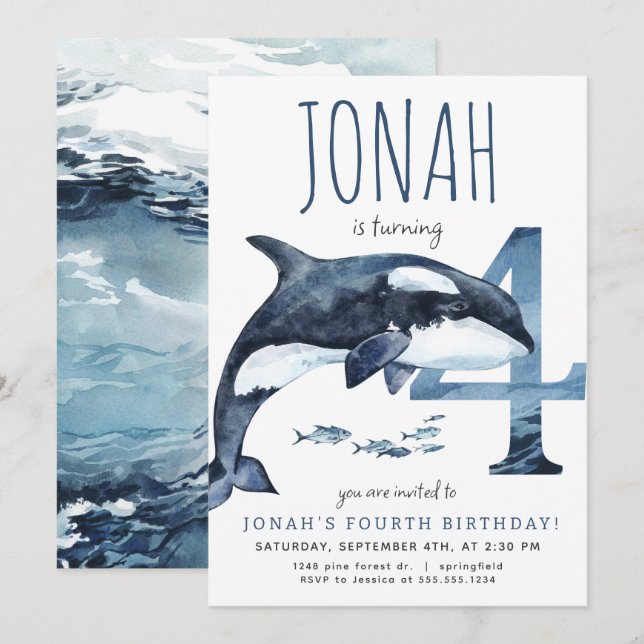 Orca Fourth Birthday Invitation (Front/Back)