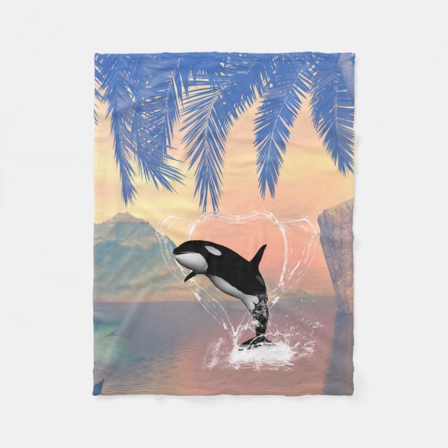 Orca jumping through a heart fleece blanket (Front)