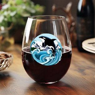 Orca Killer Whale Blue Ocean Stemless Wine Glass