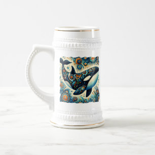 Orca Killer Whale Floral Whimsical Nautical Beach Beer Stein