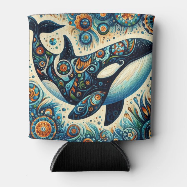 Orca Killer Whale Floral Whimsical Nautical Beach Can Cooler (Front)