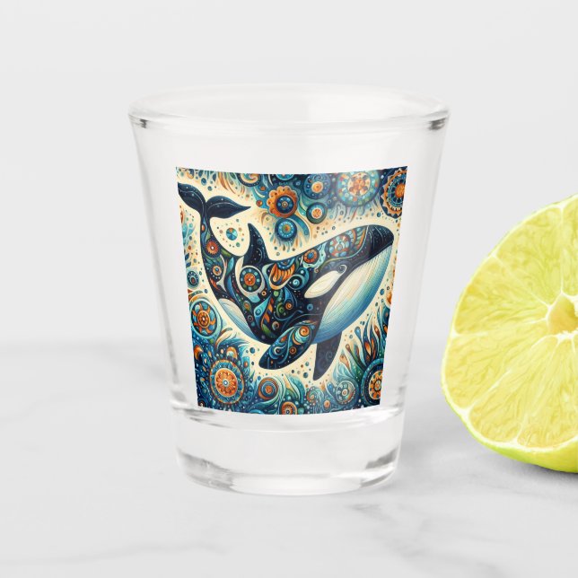 Orca Killer Whale Floral Whimsical Nautical Beach Shot Glass (Front)