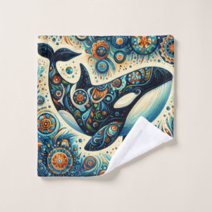 Orca Killer Whale Floral Whimsical Nautical Beach Wash Cloth