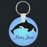 Orca Killer Whale Gradient Blue Name Keychain<br><div class="desc">Black and white silhouette of a killer whale (Orcinus orca) also known as orca, orca whale or blackfish. This intelligent, curious sea mammal is a member of the oceanic dolphin family. Despite their large size and ferocious sounding name, wild Orca are not considered a threat to humans and are quite...</div>