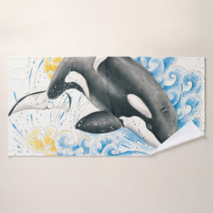 Orca Killer Whale Jumping into Waves Watercolor Bath Towel Set