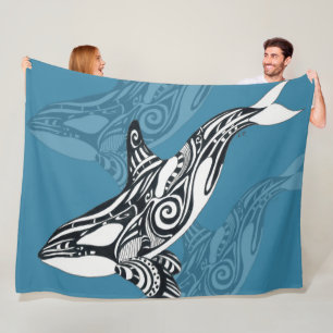 Orca Killer Whale Tlingit Indigo Blue ink Fleece Blanket