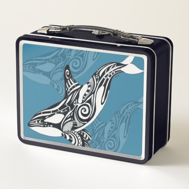 Orca Killer Whale Tlingit Indigo Blue ink Metal Lunch Box (Back)