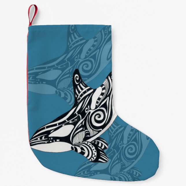 Orca Killer Whale Tlingit Indigo Blue ink Small Christmas Stocking (Front)