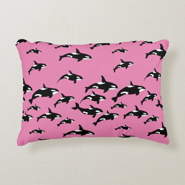 Orca Killer Whales on Girly Pink Marine Wildlife Accent Pillow (Front)