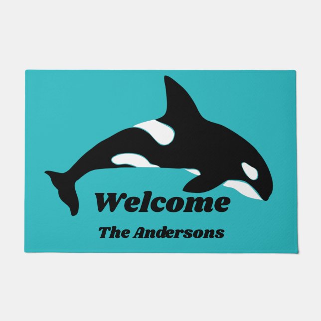 Orca Killer Wheel Teal Blue Personalized Doormat (Front)