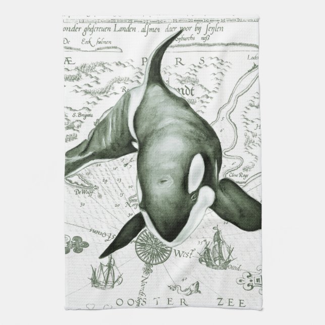 Orca Map Green Kitchen Towel (Vertical)
