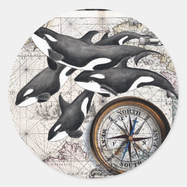 Orca Nautical Compass Classic Round Sticker (Front)