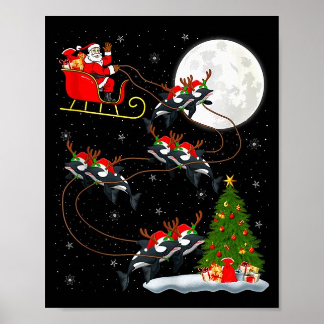 Orca Santa Sleigh Flying Funny Magical Christmas T Poster (Front)