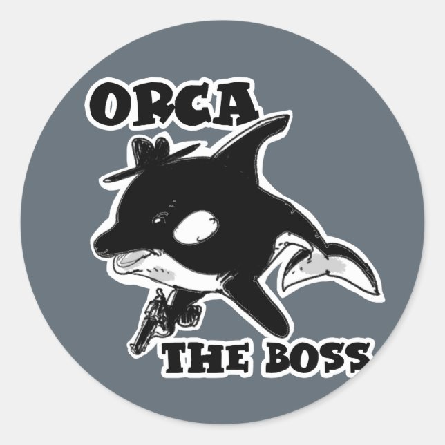 orca the boss cartoon style funny illustration classic round sticker (Front)